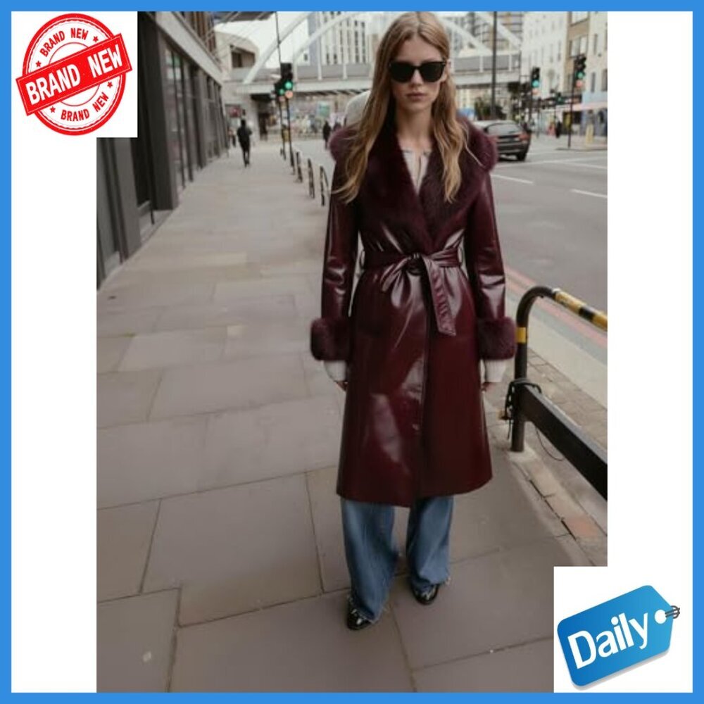 Leather Coat with Faux Fur Trim, Belted Long Overcoat, Slim Fit - Picture 5 of 7